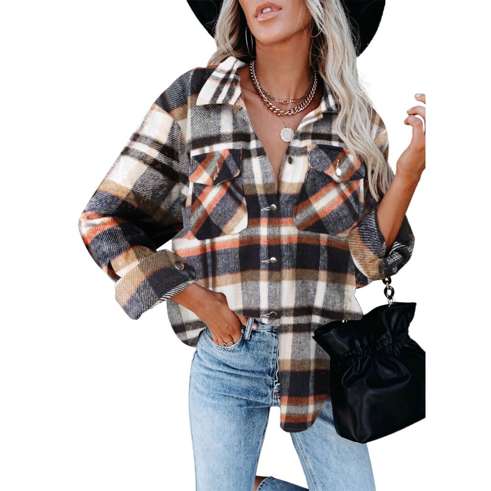 Women Shacket Jacket Long Sleeve Button Down Casual Plaid Flannel Shirts Loose